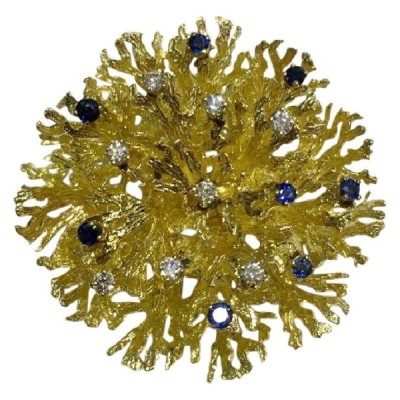 Tiffany & Co. Gold Rare 18k Gold Coral Brooch/Pendant With Diamonds and Sapphire