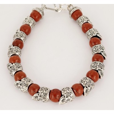 William Henry Alternating Silver Skulls Caramel Onyx Men's Bead Bracelet