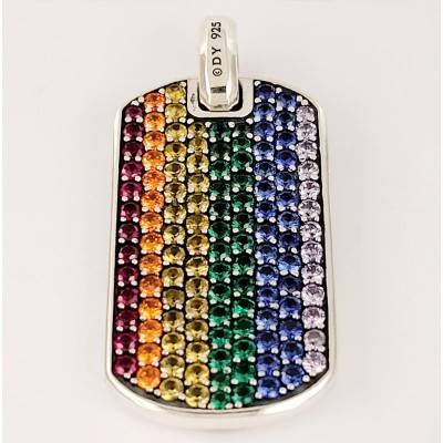 David Yurman Chevron Tag Pendant in Sterling Silver with Rainbow Pave Gemstones