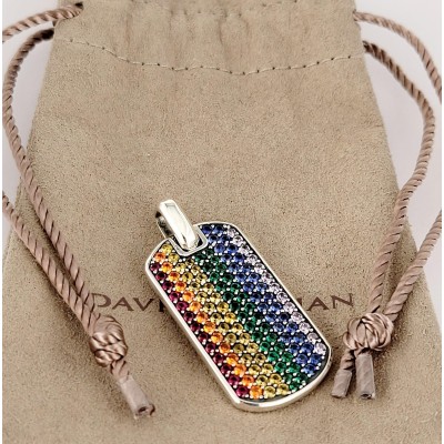 David Yurman Chevron Tag Pendant in Sterling Silver with Rainbow Pave Gemstones