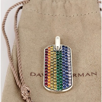 David Yurman Chevron Tag Pendant in Sterling Silver with Rainbow Pave Gemstones